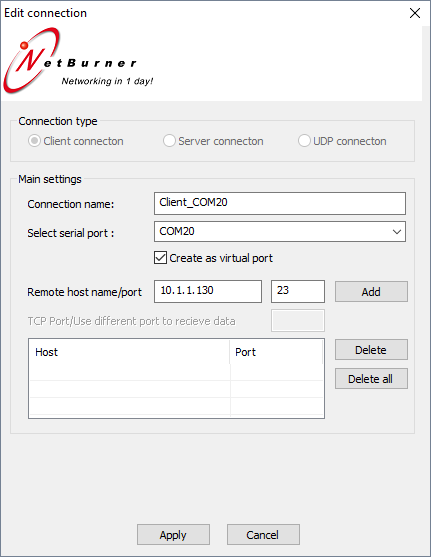 Edit Connection Virtual Serial Port