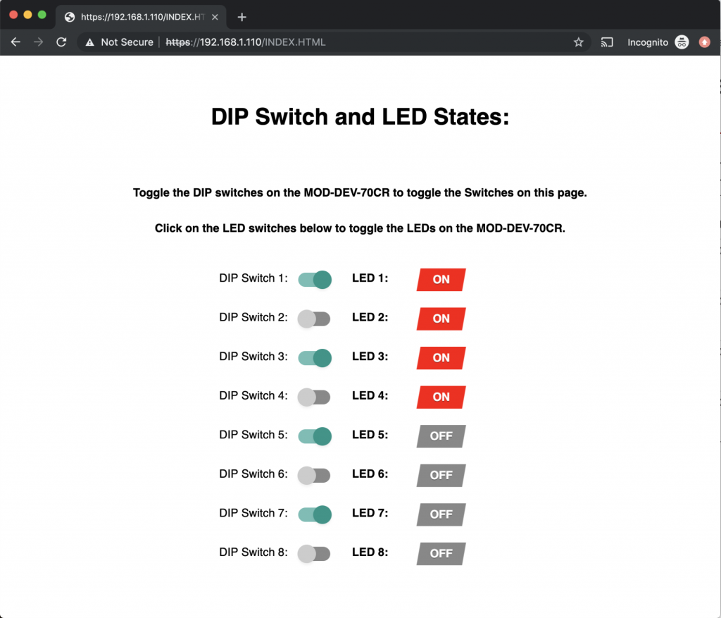 Secure Websockets example with DIP switch indicator