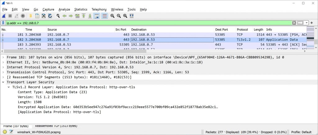 WireShark capture showing encrypted data.