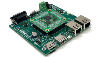 SOMRT1061 200 IR system-on-module breakout board mounted to a fully featured development board with RS232, Ethernet, USB, MicroSD, and power connectors