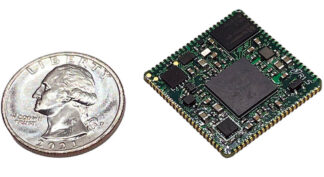 SOMRT1061 200 IR surface mount solderable system-on-module 1 inch square pictured next to a US quarter for scale